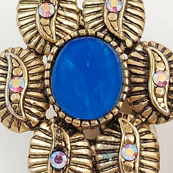 Vintage Blue Sodalite Flower Earrings Aurora Borealis Rhinestone Clip Estate DM - Picture 4 of 10